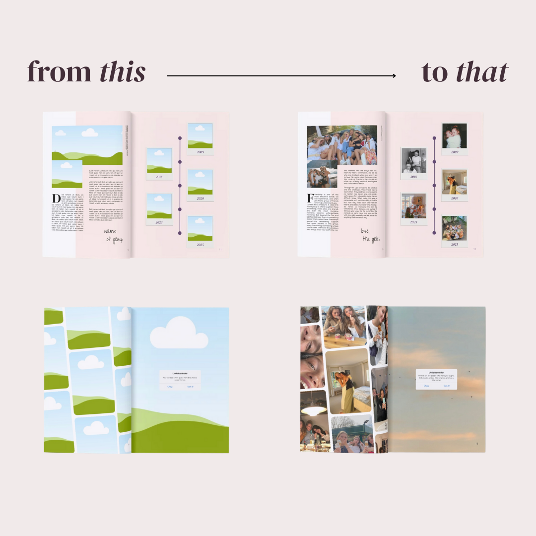 From this to that: Magazine Girl template pages before and after filling them with your own photos