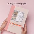 Cookbook Canva template: hands holding a personalised recipe book cover, 36 editable pages