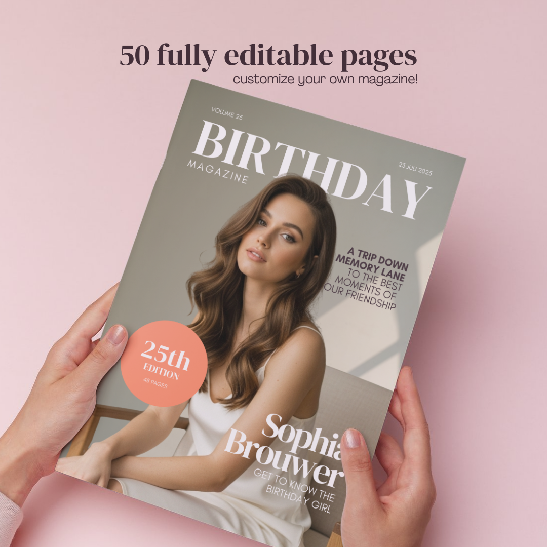 Magazine Girl Canva template: hands holding a personalised birthday magazine cover, 50 editable pages