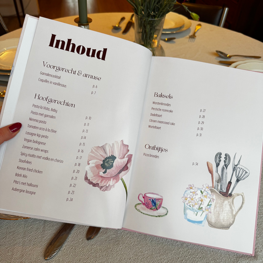 Personal cookbook open at the illustrated table of contents