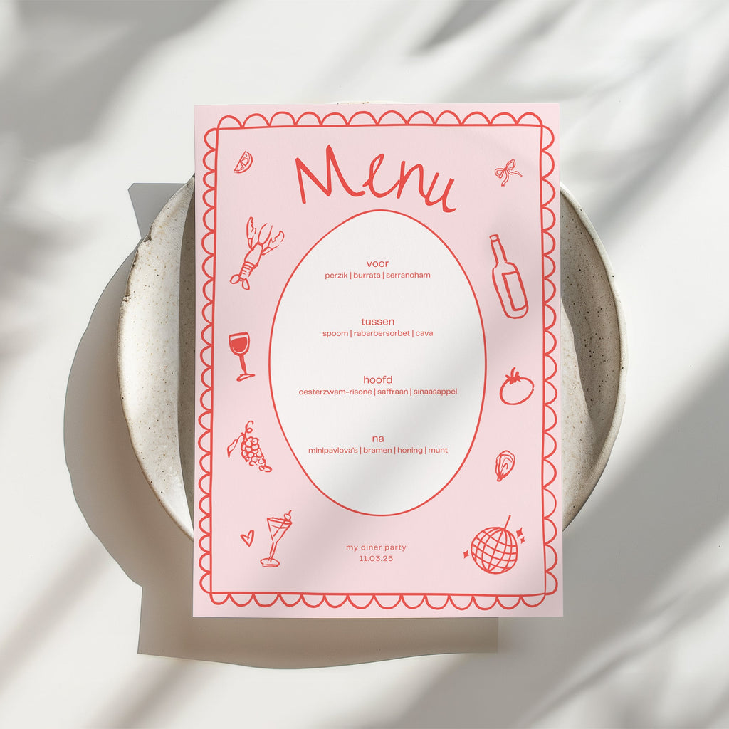 Pink dinner party menu card Canva template with hand-drawn illustrations, on a dinner plate