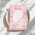 Pink dinner party menu card Canva template with hand-drawn illustrations, on a dinner plate