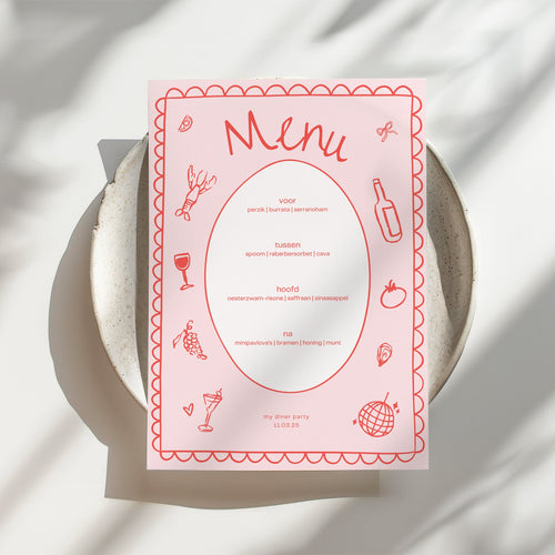 Pink dinner party menu card Canva template with hand-drawn illustrations, on a dinner plate