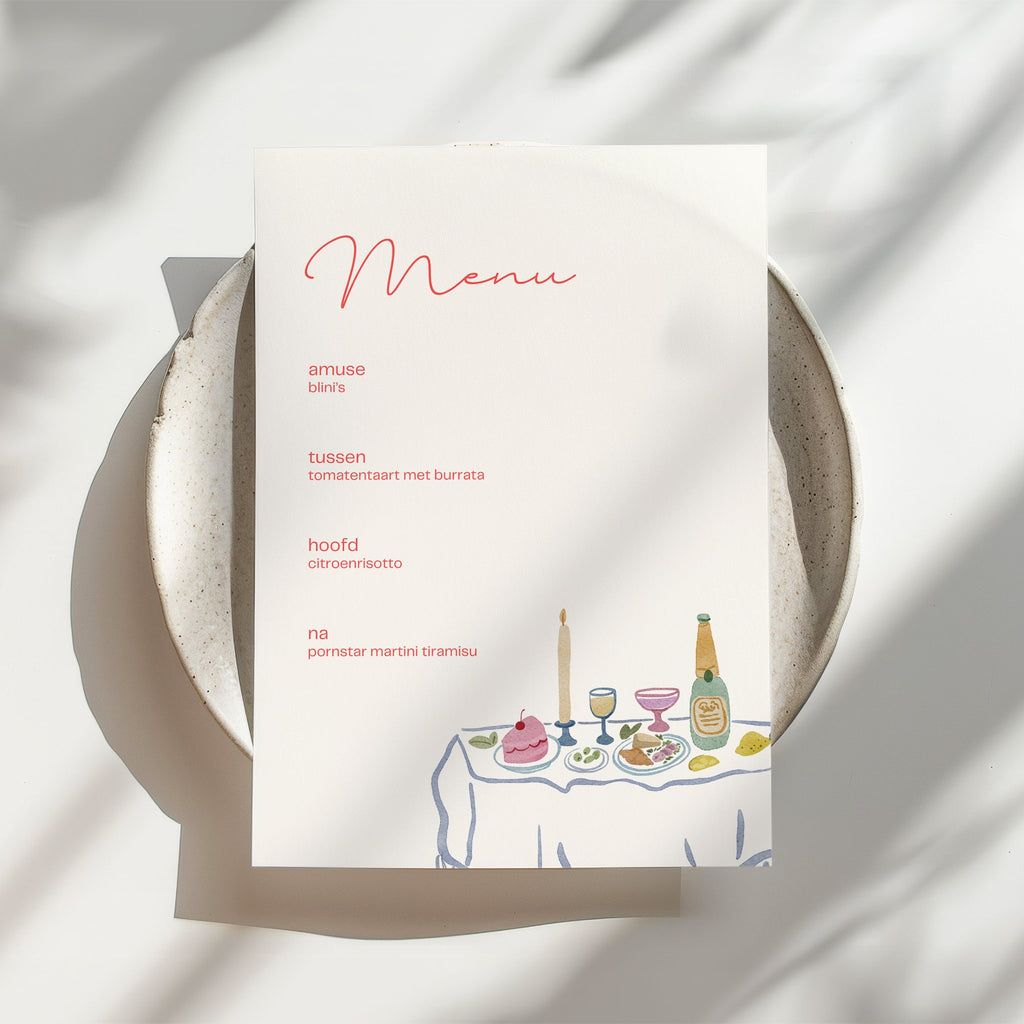 Dinner party menu card Canva template with an illustrated table, on a dinner plate
