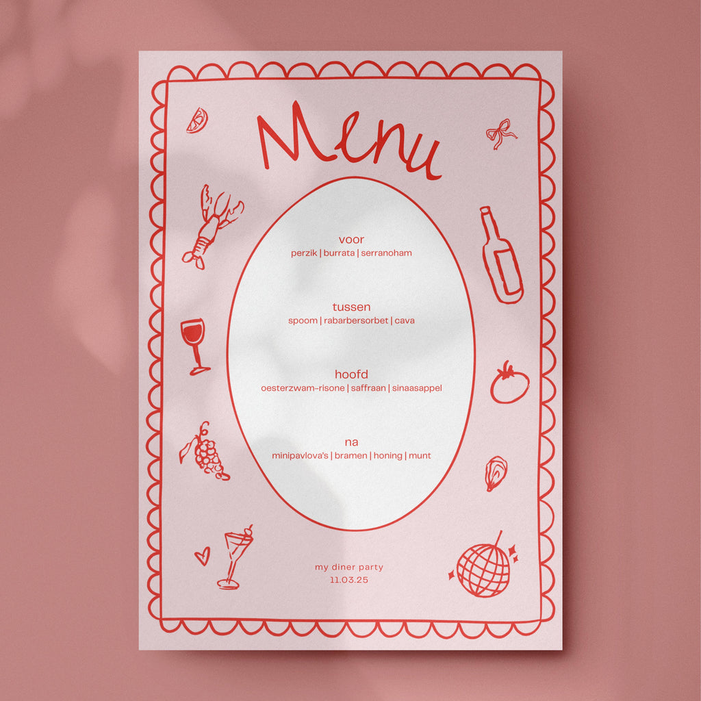 Pink dinner party menu card Canva template: four courses in an oval frame