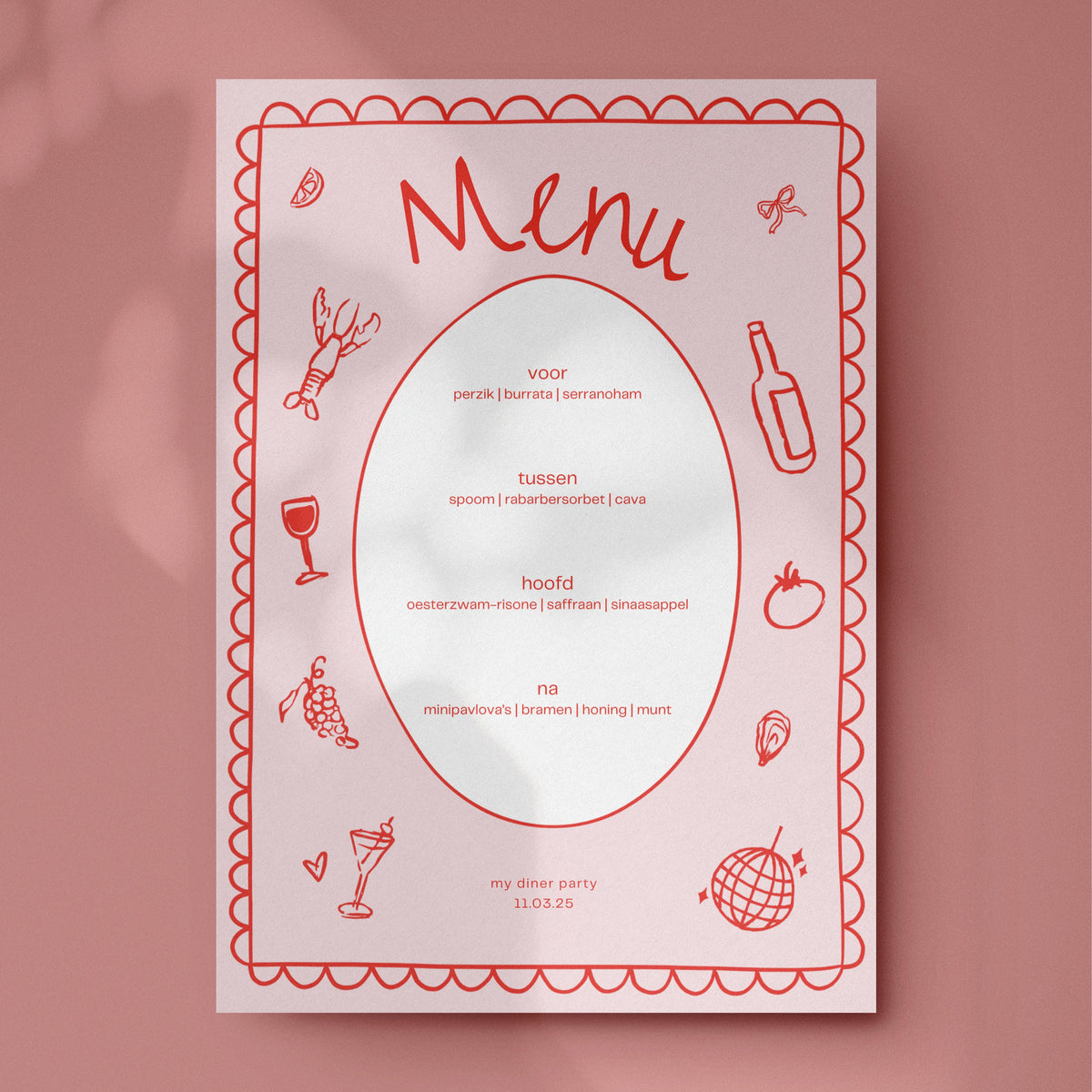 Pink dinner party menu card Canva template: four courses in an oval frame