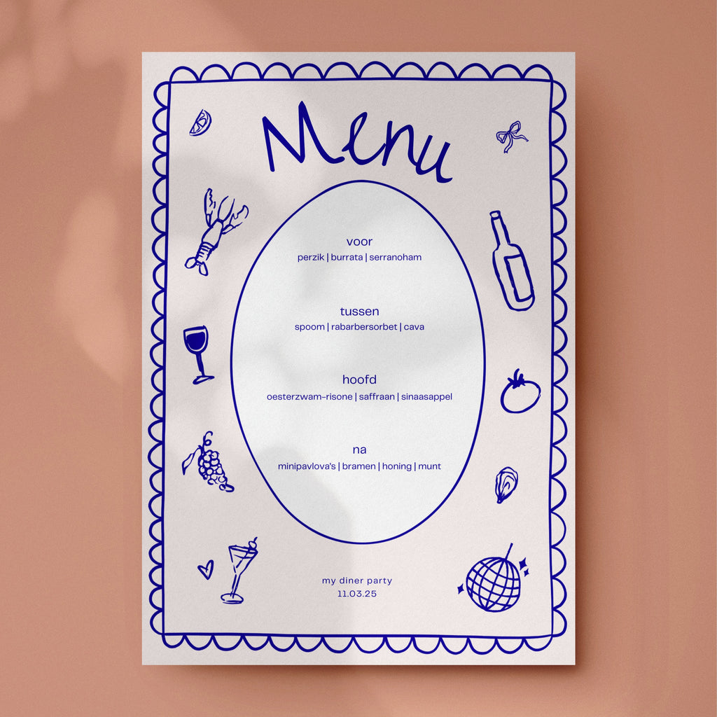Blue dinner party menu card Canva template: four courses in an oval frame