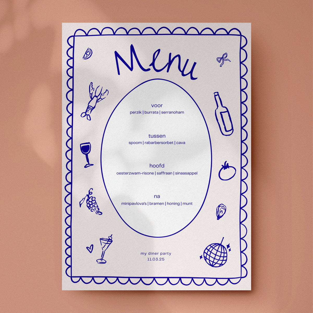 Blue dinner party menu card Canva template: four courses in an oval frame