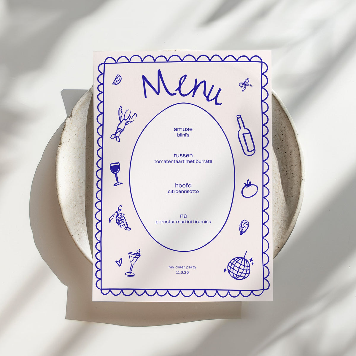 Blue dinner party menu card Canva template with hand-drawn illustrations, on a dinner plate