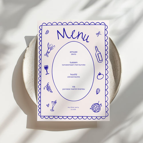 Blue dinner party menu card Canva template with hand-drawn illustrations, on a dinner plate