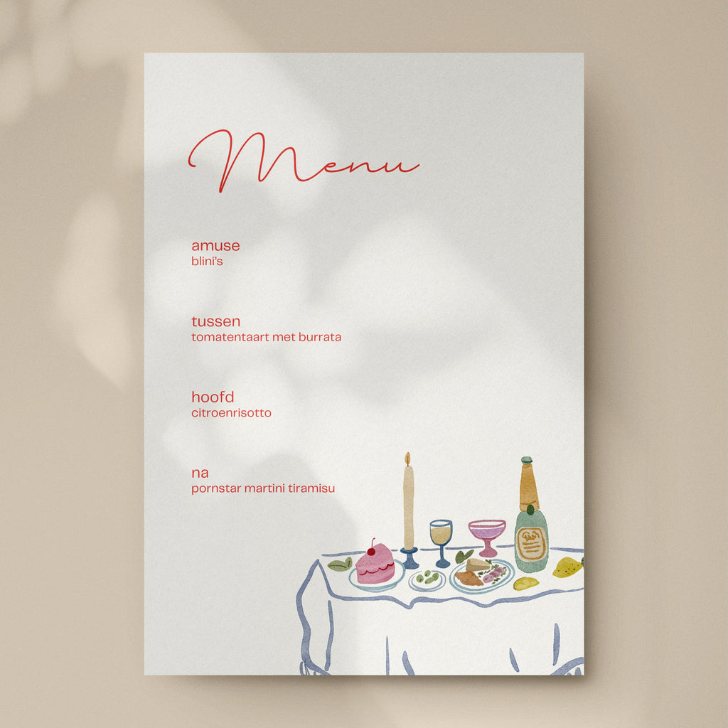 Dinner party menu card Canva template listing four courses, from amuse to dessert