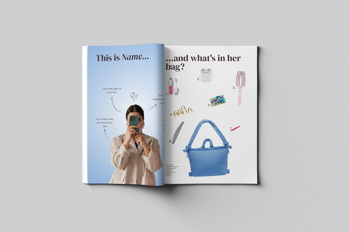 Magazine Girl example spread: a 'This is…' introduction page and what's in her bag