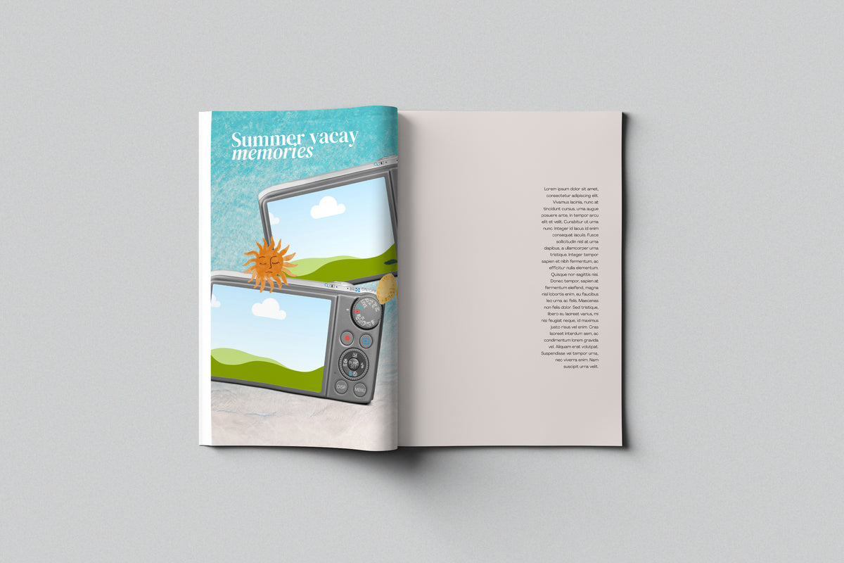 Magazine Girl example spread: summer holiday memories page with photo frames