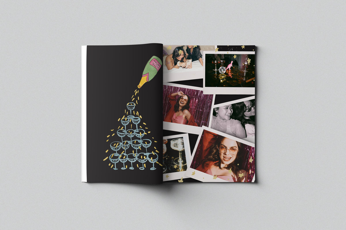 Magazine Girl example spread: party page with champagne illustration and photo collage