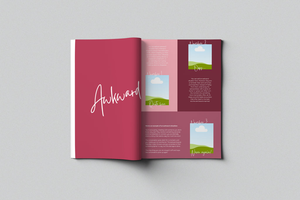 Magazine Girl example spread: awkward moments page with photos and short stories