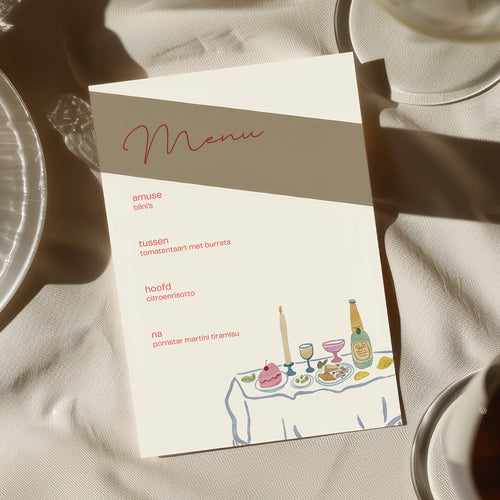 Dinner party menu card on a white tablecloth in the sun