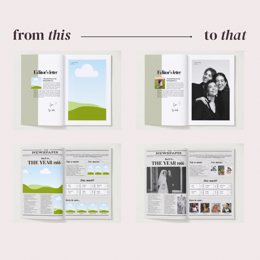 From this to that: Magazine Mom template pages before and after filling them with your own photos